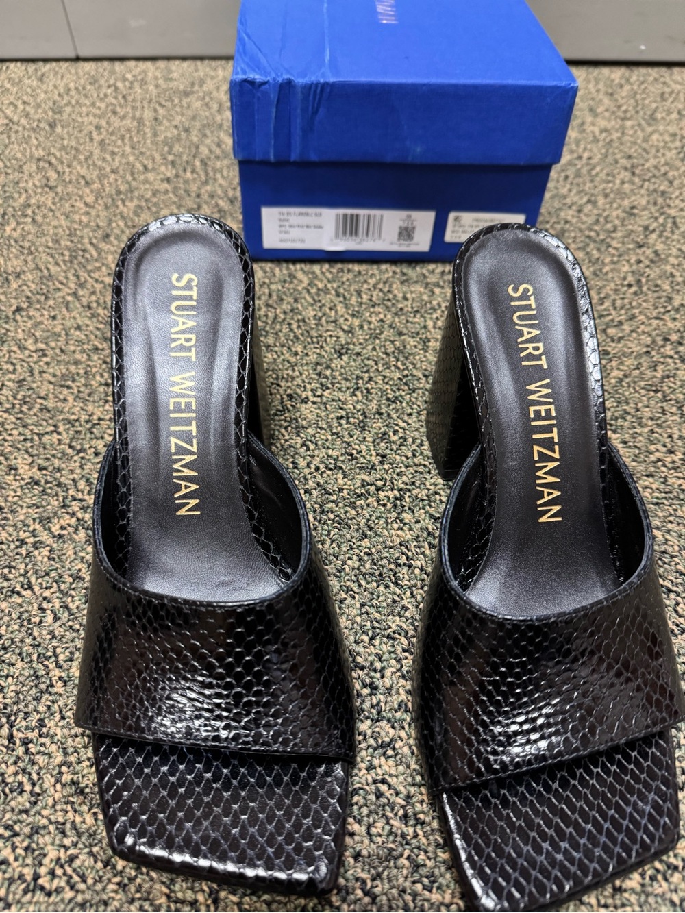 Stuart Weitzman Black Faux Snakeskin Square-Toe Mules